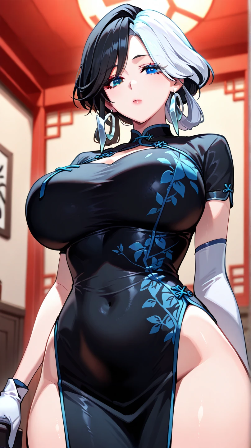 Curvy Woman, red bob hair, (too tight tank top black, mini skirt, see through), natural breast, huge hips, huge puffy nipple, dark skin, (panties white), in office night, light and shadow, ((sitting strong stance))
