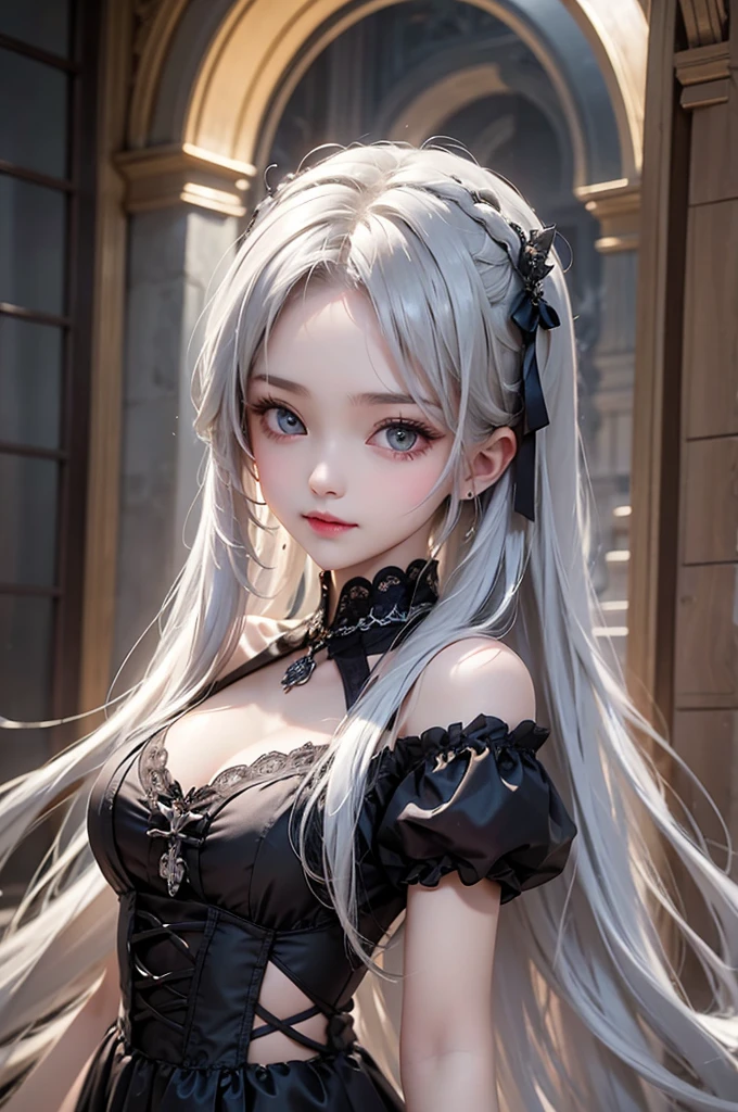 (masterpiece:1.4, best quality, 8k, dutch angle,Realistic、Photorealistic illustrations, Every detail、Intricate details)(1girl, solo)(cute girl, Detailed faces down to the smallest detail、 small beautiful breasts, beauty white hair:1.5, Cute Asian Girl、Beautiful cleavage)(Gothic、Lolita Costume、black gothic dress、Monotone dress)(arms behind body. floating hair)(Night view、Britain in the late 20th century、A row of stone houses、out door、moon、Soft Light、Fantastic lights、Beautiful hair that shines through the light)