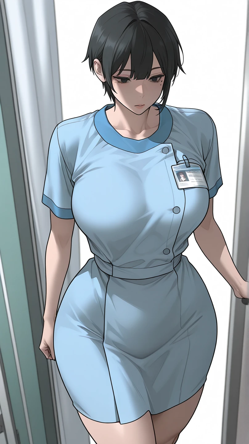 Nurse uniform, Black Hair, black eyes ,permanent, Hospital, Become a, 35 years old, best quality, , , Shut your mouth, clothing,Blue Dress,Arm, clothing, Scrub