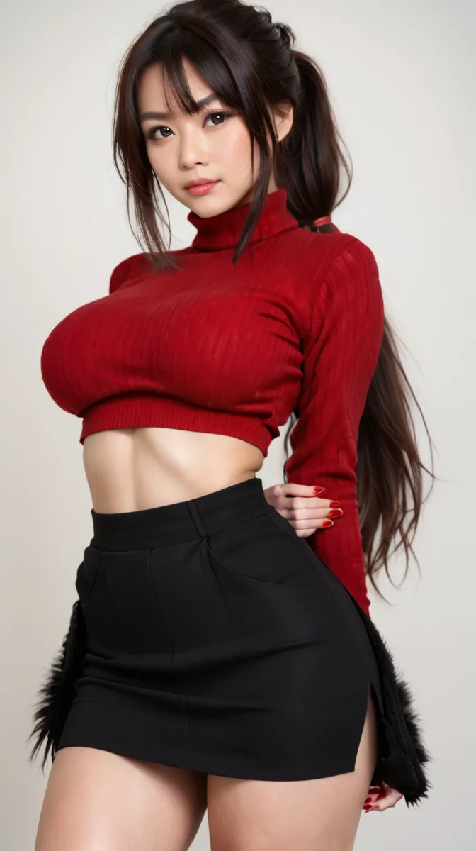 Bare shoulders with ((naked breasts)), (brown nipple) ,red slit skirt