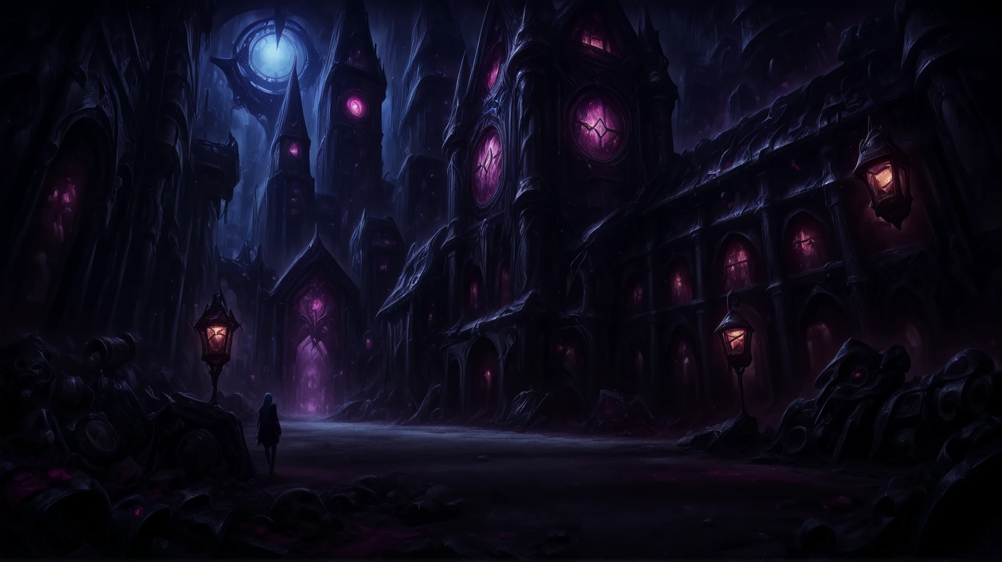Jinx from league of legends, standing,hazy cityscape, dark fantasy, detailed digital painting, cinematic lighting, moody atmosphere, intricate architecturelux from league of legends, standing, night city lamp, dark fantasy, detailed digital painting, cinematic lighting, moody atmosphere, intricate gothic architecture, ornate stained glass windows, dusty sunbeams, mystical energy, dramatic shadows, gloomy ambiance, 8K, ultra-detailed, photorealistic, dramatic lighting, dark color palette, deep shadows, moody tones