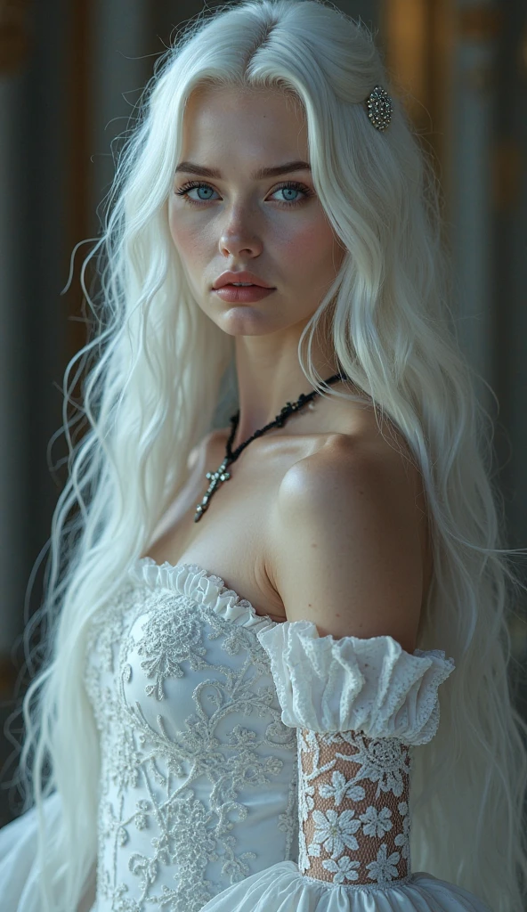 Insanely detailed photograph of a gorgeous woman + indian, Renaissance, long voluminous white hair, intricate white eyes, fantastical, vampire, ethereal, hyperdetailed, 32k resolution, dynamic lighting, hyperdetailed, intricately detailed, trending on Artstation, triadic colors, volumetric lighting, Balenciaga Style, cute features, illustration, cozy calm, cute detailed digital art