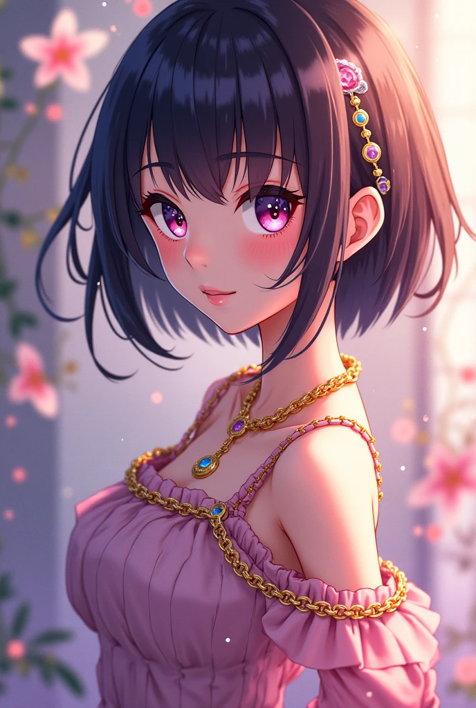 Create an elegant anime-style portrait of a young woman with short, black hair adorned with vibrant, colorful flowers, including pink and purple orchids. The woman should have a soft, delicate expression with light makeup, featuring red eyeliner and pink lips. Her gaze should be slightly downward. She is wearing a stylish, modern outfit with a semi-transparent top in pastel colors, reflecting a combination of pink, blue, and purple hues. Her accessories include a large, gold choker necklace, long blue earrings, and her nails are painted in a matching shade of blue. The background should have a soft, abstract design with warm lighting and subtle, multicolored reflections that complement the overall color scheme of the image