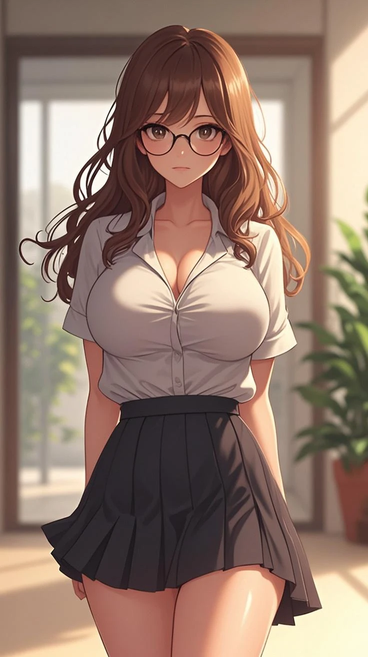 "Best quality, Masterpiece:1.2, absurd, 1 woman, smile, open door, Behind the door, school entrance door, high resolution, ultra detailed, realistic:1.37, vivid colors, studio lighting, "Teacher sexy in a classroom giving a deep blowjob to a big cock, with glasses and hair up, very pretty, pointing at the stone and teaching mathematics, tight and fitted to the body, short skirt and visible cleavage, students sitting on their seats, nice teacher, explicit sex, masterpiece, adult content.