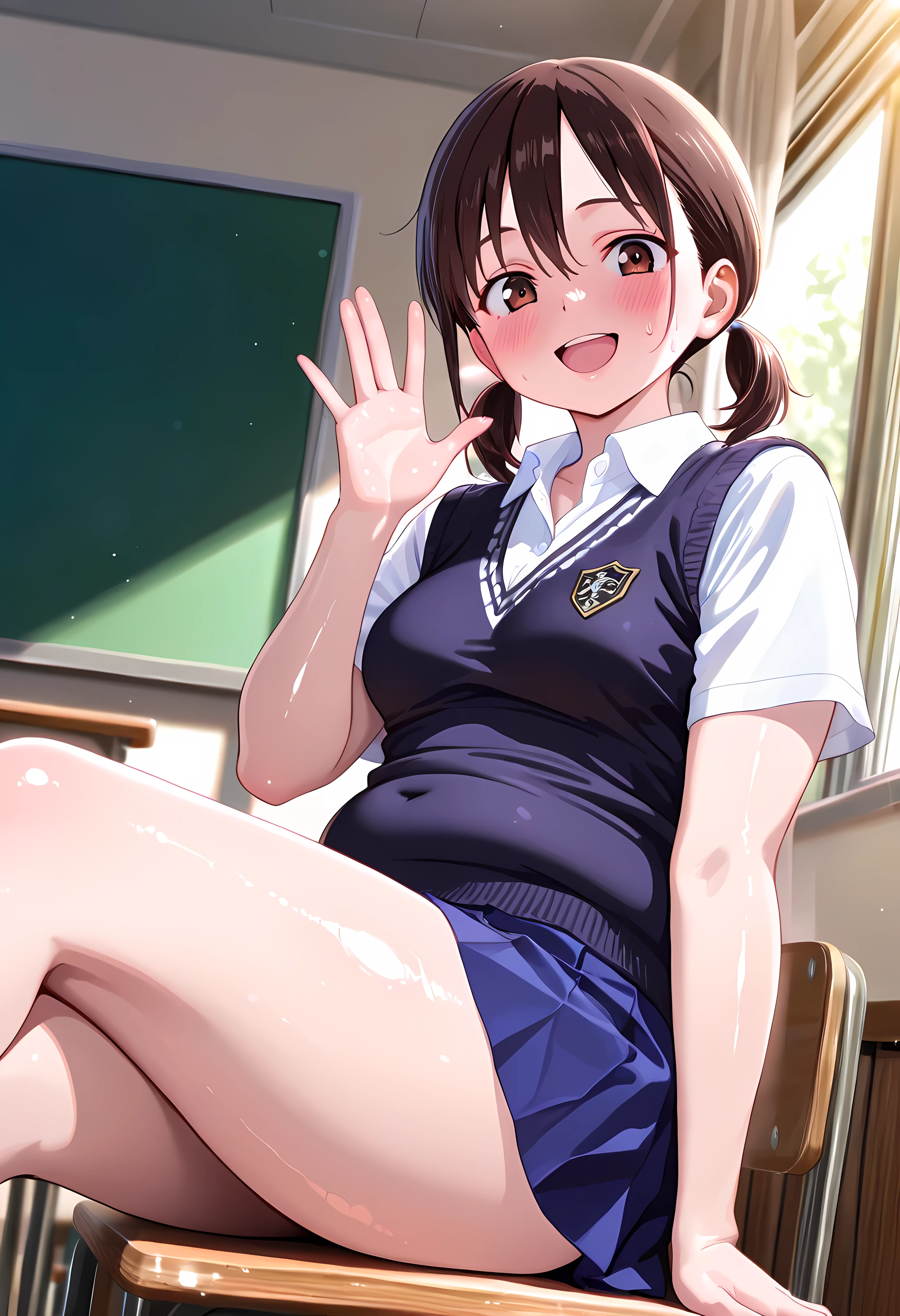 (perspective:1.2), (vanishing point:1.2), fish eye, Smooth Quality+, cinematic lighting , cinematic angle, soft light , color detail, backlighting, Depth of field, long exposure, light steps, intricate colors, vibrant colors, CINEMA Quality, hyper-detailed anime style, hyper-detailed lighting, best quality, colorful, vibrant, very aesthetic, 1girl, solo, Boku no Kokoro no Yabai Yatsu, honoka hara, short hair, dark brown hair, hair between eyes, brown eyes, low twintails, short twintails, plump, chubby body, thick arms, thick thighs, fat rolls, fat, small breasts, (small belly), skirt, shirt, white shirt, short sleeves, pleated skirt, collared shirt, blue skirt, dark navy sweater vest, sweatdrop, smile, open mouth, looking at viewer, blush, hand up, sitting, legs up, from below, foot, foot focus, extreme close-up, indoors, classroom, smile, dutch angle, hot pose, (8K),(absurdres),(crisp quality),(rich contrast),(sharp focus),(best quality),(high resolution),(Looking delighted),(masterpiece),(detailed face),(illustration),(ultra detailed),(rich contrast),(a best quality illustration),(a masterpiece of a girl with ultra detailed features, in 8K resolution, with crisp quality and vibrant colors),(detailed eyes),(perfect eyes),(ultra detailed eyes),((nice hands)),((perfect hands)),((gleaming skin)),((shiny skin)),((best quality)),((high resolution)),((ultra-high resolution)),((masterpiece)),((ultra detailed)),((illustration)),((an extremely delicate and beautiful)),((detailed face)),((perfect eyes)),((perfect detail)), (High Resolution), (More Details), (8K), (High Resolution), ((volumetric_light, dynamic_lighting, dynamic_shading, dynamic_angle, perfect_illumination, cinematic_wallpaper, intricate_background_details, 4k_wallpaper, aesthetic_wallpaper, sharp_focus, perfect_shading, perfect_illumination, aesthetic_background))