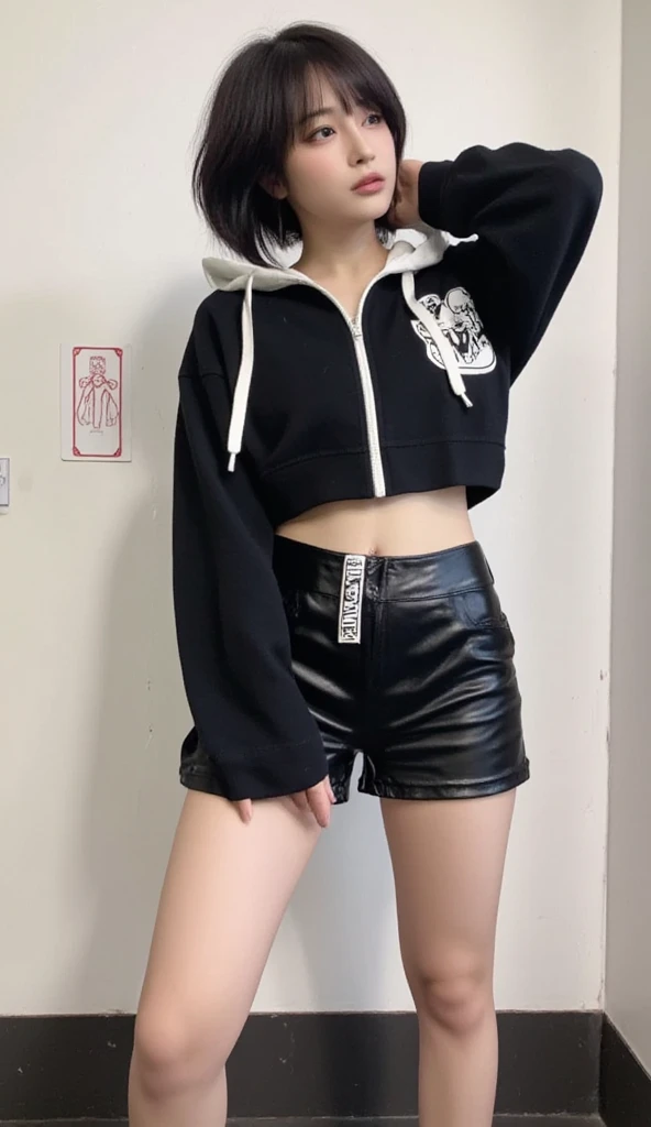 Japanese woman has a six pack stomach wearing a black jacket, crop top, short skirt, wearing sandals