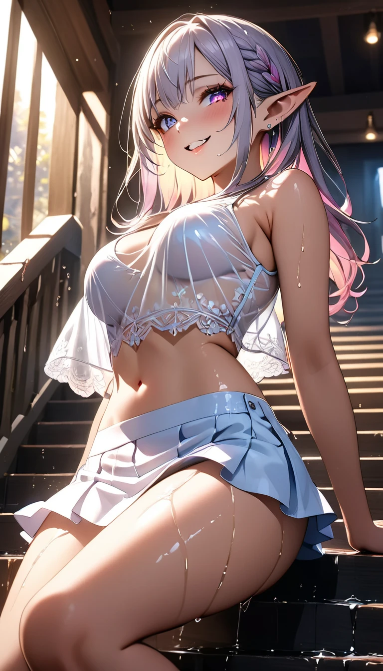 1girl in,(Light pink ruffled bikini:1.1),Floating hair, bookstore、Symmetrical,feet focus,look at viewr, Bare thighs,Bare arms,Navel,cleavage,(Open mouth:0.8),Full bash,Smiling smile, look at viewr,BREAK,(masutepiece,Best Quality:1.2), beautifull detailed face,Beautiful glowing eyes, Beautiful detailed glow,highly detailedskin,Dynamic lighting,all intricate, High resolution,8K Wallpaper,Long hair, gray hair, dark blue eyes, ((Large breasts)), Bangs, eyebrows visible through hair,wetted skin