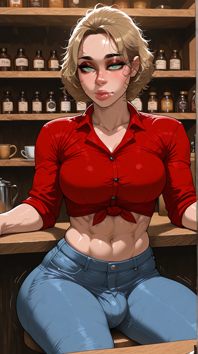 (toned body) abuscular:1.5) sbg, breast grab, breast liftluminedef, full body, cleavage, glasses breasts, blonde hair, solo, bikini, green eyes, bob cut, plaid jacket, bangs, official alternate hairstyle, nail polish, bare shoulders, indoors, window, disposable cup, Muscle,