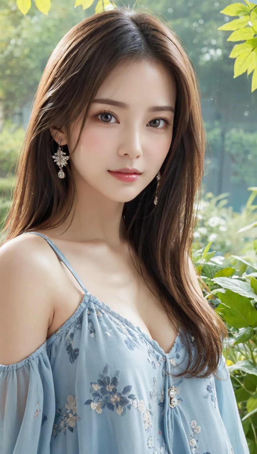 (best quality, 8k,32k,masterpiece, UHD:1.2),extremely detailed CG unity 8k wallpaper,intricate details,Raw photo,(photorealistic:1.4),atmosphere,ultra high res,Realistic,Real,Huge_filesize,incredibly absurdres,(centered:1.3),Ultra illustration,(ultra-detailed),cinematic lighting,various colors,depth of field,art by krenz cushart,golden hour lighting,taken by Canon EOS,SIGMA Art Lens 35mm F1.4,ISO 200 Shutter Speed 2000,blurry background,
BREAK,
1girl,(smile:1.3),slim body,(long straighthair:1.4),solo,20-year-old Japanese beautiful woman,(cherry blossom blue blouse:1.5),(brown hair:1.5),((brown eyes)),Large breasts,chest, Soft white skin that shines with every detail,pale skin,Very beautiful face,Very well-formed face,Natural and realistic face,Best,beautiful detailed eyes,striking eyes,Eyes drawn in detail, smile with your mouth closed,Detailed mouth,Detailed lips,shiny beautiful lips,Glossy lips,simple earrings,necklace,jewelry, solo focus,low neckline,
BREAK,
Back lighting,kool,Standing,
BREAK,
(Dutch angle:1.4),cowboy shot,looking at viewer,
BREAK,tzuyu,yui aragaki,