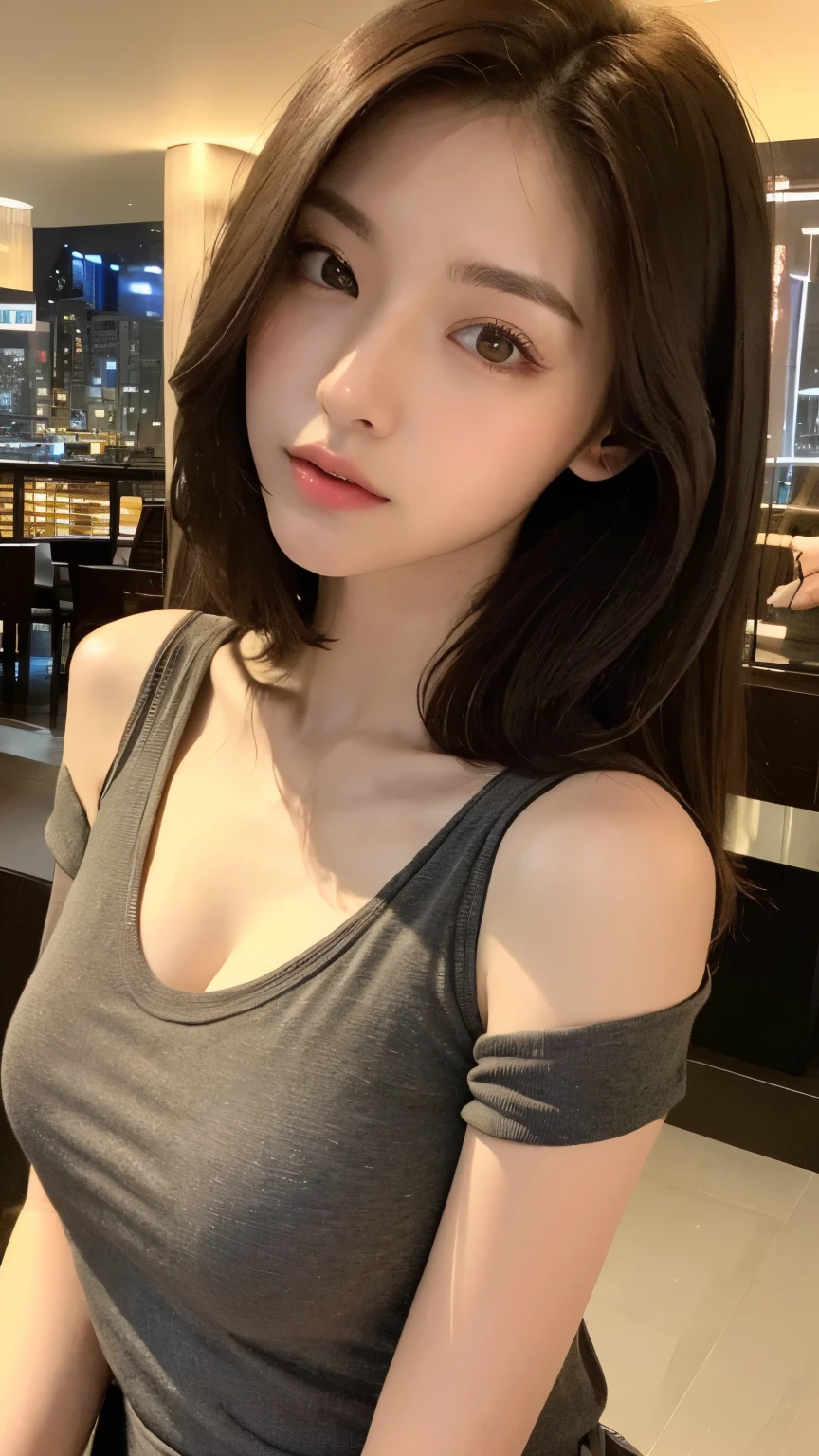(Practical, High resolution:1.3), 1 Girl with perfect figure, The face shape and eyes are super delicate, Long hair, Vest: 1.2 random colors, Short jeans, In the cafe, Coffee on the table, Large Breasts:1.4, Cleavage