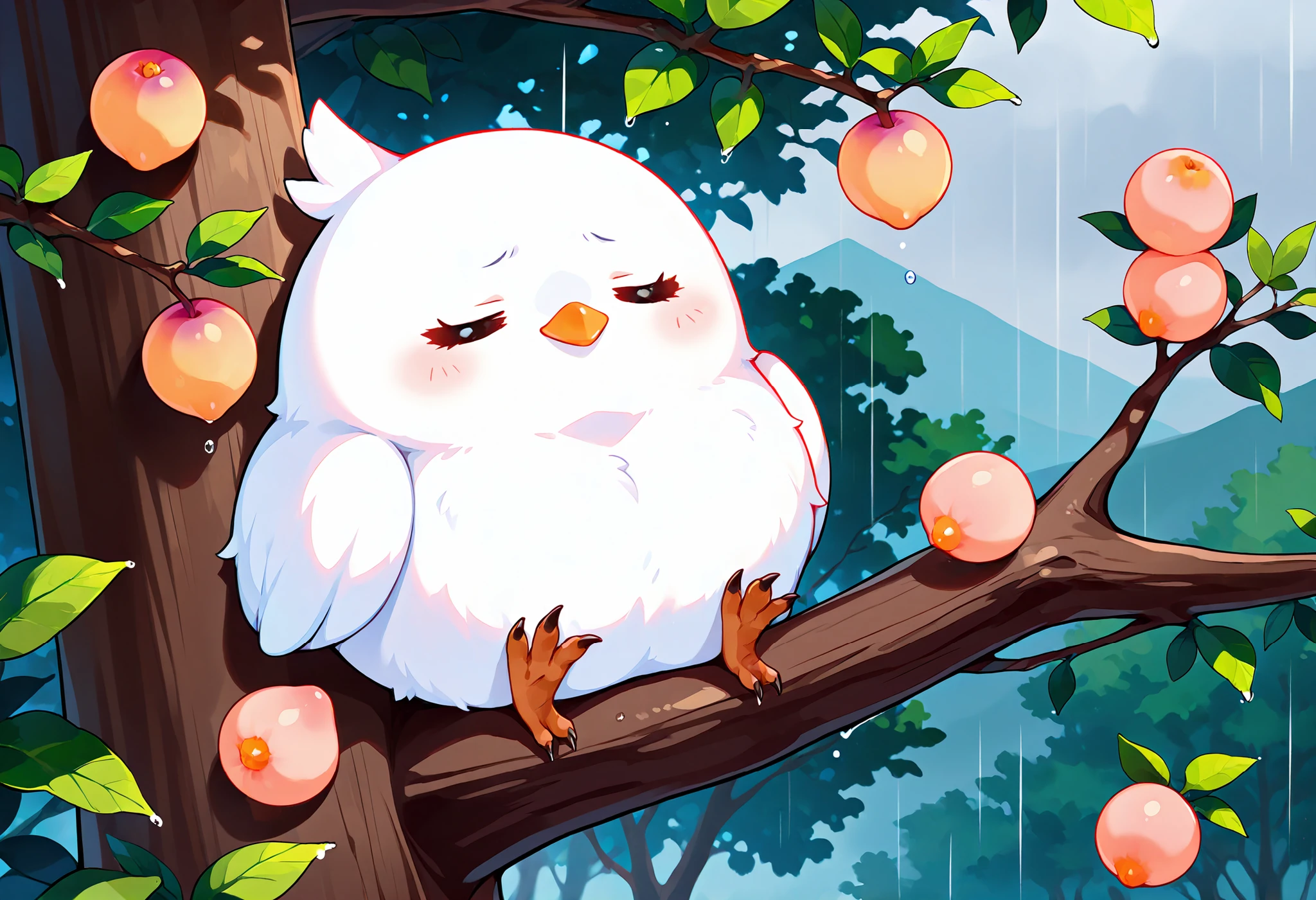 Masterpiece,Best quality, ultra detailed,Japanese Anime style, (pure white sparrow mascot) , round body, fluffy body,simple face, cute appearance, Sitting on the branch of a Japanese plum tree,( Japanese plums on the tree),, rainy season,