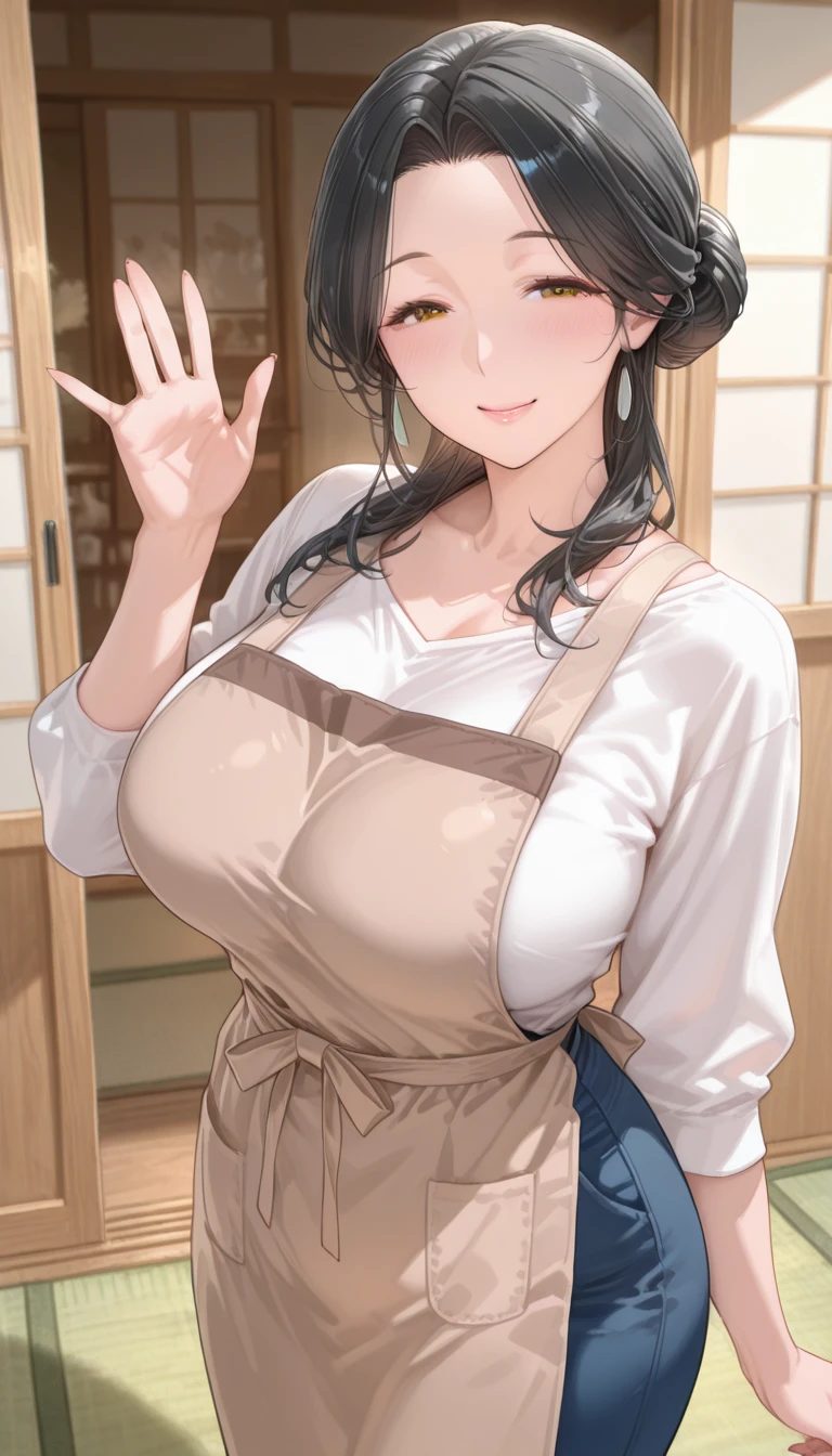 (Mature Woman:1.5), (mother:1.5), Ishtar, Fate Grand Order, (Absurd, 8k, 4K, Tabletop, Extremely detailed:1.2), highest quality, Perfect Anatomy,Perfect Face, High humidity, (alone:1.2), (Sweaty:1.3), shortness of breath, High humidity, humid, (Black Hair:1.1), Red eyes, Looking into the camera, (Very large breasts:1.5), Light clothing, apron, (kitchen;1.1), (Having a conversation:1.5), (Speech bubble:1.2), A kind smile, relief, peace of mind, mother性, Cooking, have a ladle, pot, pot-au-feu