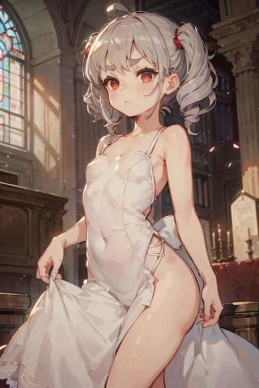 (from above:1.2),(from side:0.9),(A masterpiece of image quality in 8K),(Beautiful Allafed Woman),(((emphasizing breasts:1.1))),(Dynamic angles),(Dynamic and sexy bending pose:1.3),(sit a chair:1.1),(Short hair in shiny silver and orange inner colors,small full breasts,Disturbance of clothing due to movement,breast slip,(Ponytail twisted buns adorned with elaborate braids and beads,Braided Setup Fishbone Hair,),(see-through bangs),(perky chest:1.1), (pointed chest:1.3), small breasts、(((A white lace apron that shows your bare skin from under your small breasts)))、Blush with embarrassment、Enraptured eyes、A smile that beguiles the viewer、(Look back:1.7)、Look into the photographer,skin glistening with sweat,gazing at viewer,,(Professional Lighting),(8K,masutepiece,top-quality,Ultra-high resolution output image,),(Ultra HD with complex detail image modes),depth of fields,Beautiful hands,Beautiful fingers,Detailed finger features,(Detailed hair features:1.7),detailed facial features,detailed clothes features, (perky chest:1.1), (pointed chest:1.3), seductive weak smiling,(with sparkling eyes and a contagious smile),little open mouth,
