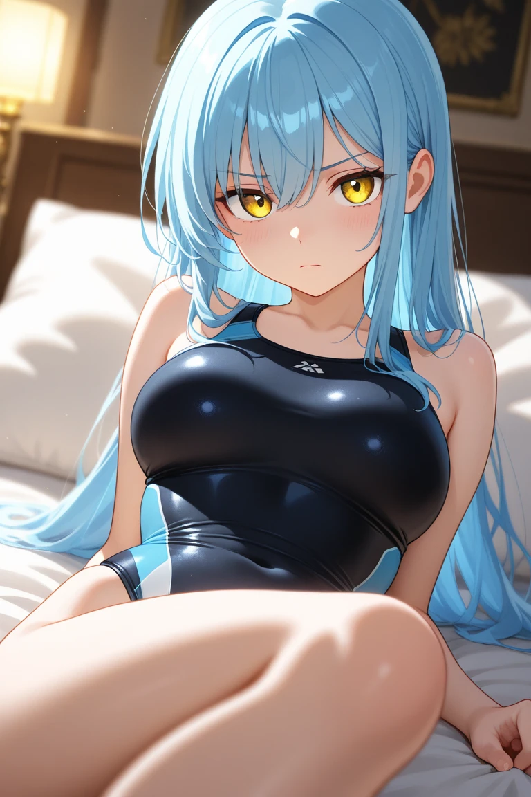 ((Masterpiece)), ((Best Quality)), (Ultra-detailed), ((kawaii)), Cute, (Lovely), ((Sexy)), (Ero), ((Extremely detailed)), 4K, (8K), Best Quality, (Beautiful), realistic, real, anime illustration, Anime style, Painting, full body, have a certain air of s, Dynamic Angle, cowboy shot, own room like a drama, sit on desk, (spread one's legs), gradation, full body focus, a cute girl, 12yo girl, 1girl, (Solo), (one piece school swimsuit), beautiful anime face, (beautiful Light Blue hair color), (random color eyes), ((Beautiful eyes)), random hair style, (White-skinned:1.3), (huge breasts:1.3), Erect nipples, (smirk), grin, (blush:1.5), opening, sparkling effect, Lens Flare, shiny-glistening, gleaming
