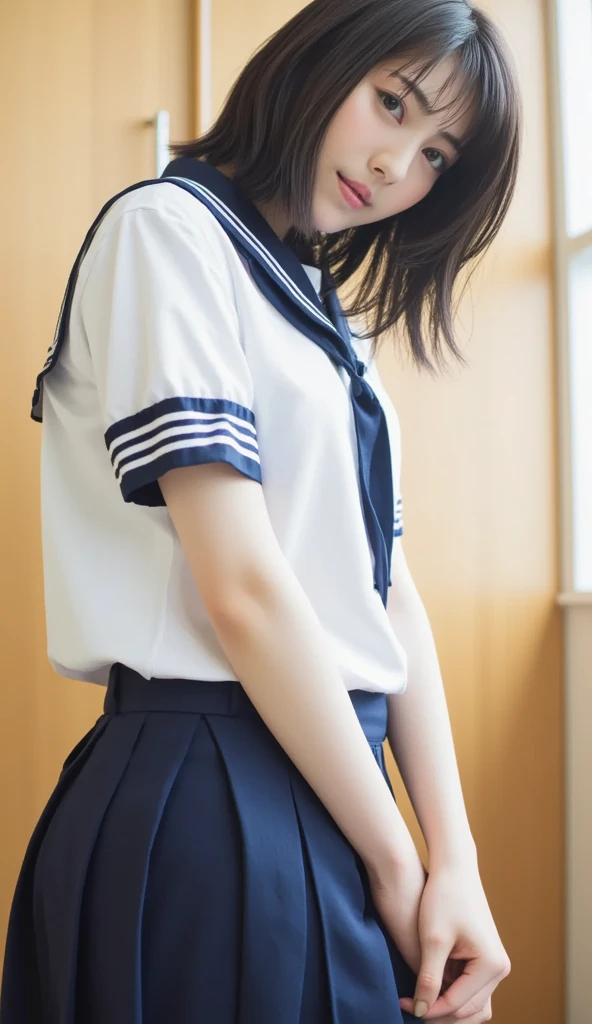 (masterpiece, Highest quality:1.2), 8K, Young and beautiful girl, 85mm,Official AR RAW Photos, (Baby Face), ((Small face)), ((Big Breasts)), ((Backwards)), ((Show me your ass)), ((Full nudity)), Detailed nipples, Show me your ears、photo shoot, Cute face, Thighs, Classroom after school, Looking at the audience, Embarrassing、smile、No makeup, Film Grain, chromatic aberration, Sharp focus, Face Light, Bright lighting, 10 generations, Detailed face, Background blur、((((((14 year old high school girl))))))、Narrow waist、Sailor suit、Dark blue mini skirt、White tiny panties