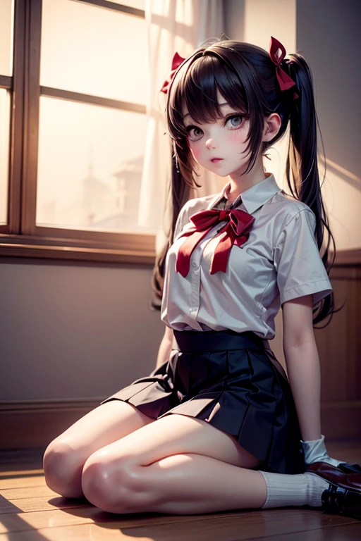 very young slim fit girl, pioneer neckerchief, very short blue skirt, bangs, collarbone, tight white shirt, bursting breast, short sleeves, collared shirt, belt, red neckerchief, full height, rounded face, very long disheveled dark brown hair, big brown eyes, sluty smile, perfect flat breast, band on head with fake cat ears, monroe, realrussian