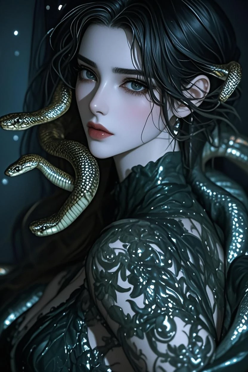 Absurd, ultra-detailed, high quality, detailed face, beautiful eyes, Medusa, the hair is composed of countless small snakes, the Gorgon, possesses a complex mix of beauty and terror, mesmerizing gaze,