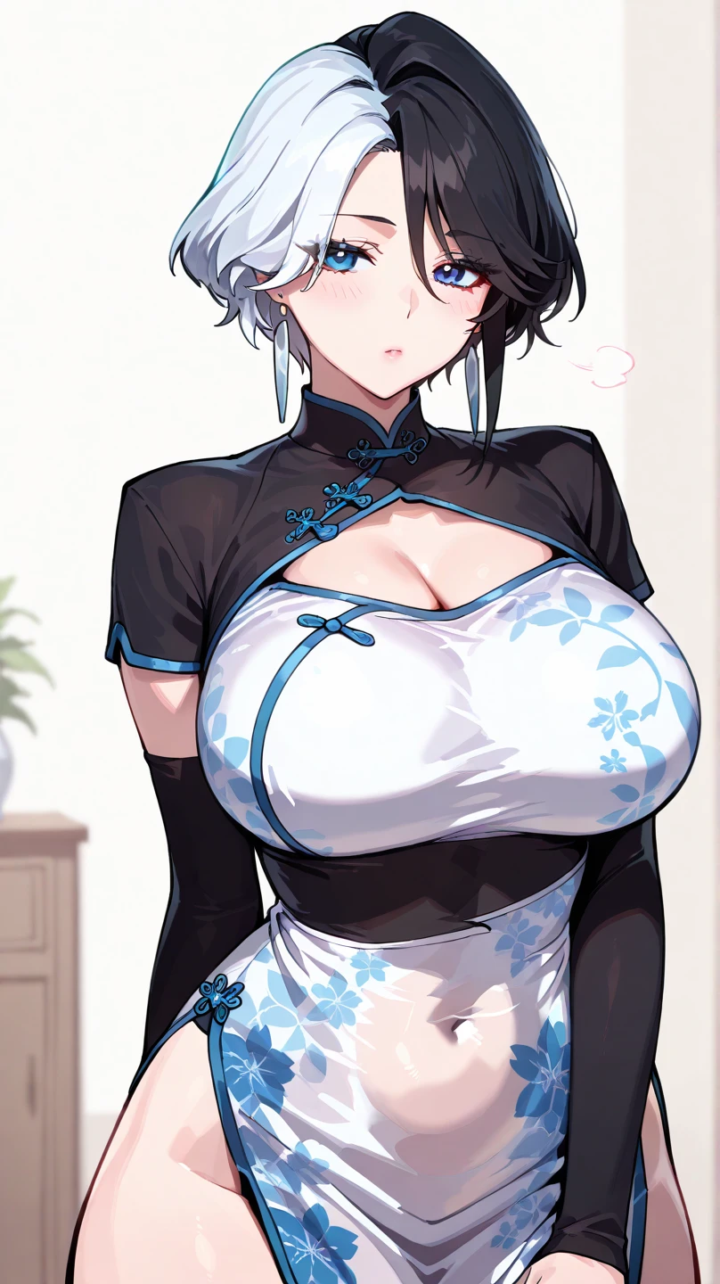 Girl,full bodyesbian,(Detailed face:1.2), Masterpiece, Fashion,Chinese dress,, Medium hair, Black hair, double tails, Blunt bangs, Brown eyes,(huge tit:1.2)，(Pubic bone:1.3)