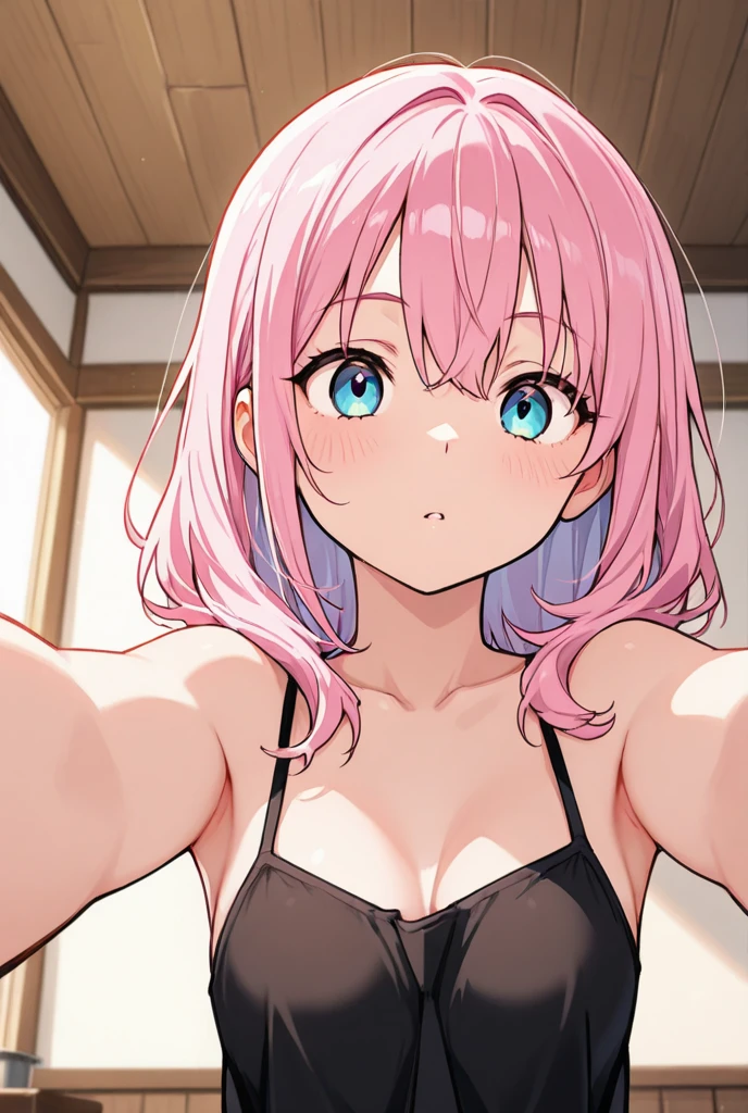 (High resolution:1.4),(Highest quality:1.4),(masterpiece:1.4),(Beautiful medium boobs:1.1), (Beautiful woman:1.2),(Pink Hair:1.1),Bob Hair,Green Eyes,Moles around the mouth, (Sweat:1),(Excited:1.2), (Embarrassing:1.2),(Sexual Ecstasy Face:1.2),(Beautiful Face:1.2),(Perfect body:1.1)(Beautiful breasts:1.1),(Tank top:1),choker,On the bed, Seductive pose, wariza,Lace panties, I can see a little cleavage, Distinct facial features, pink hair
