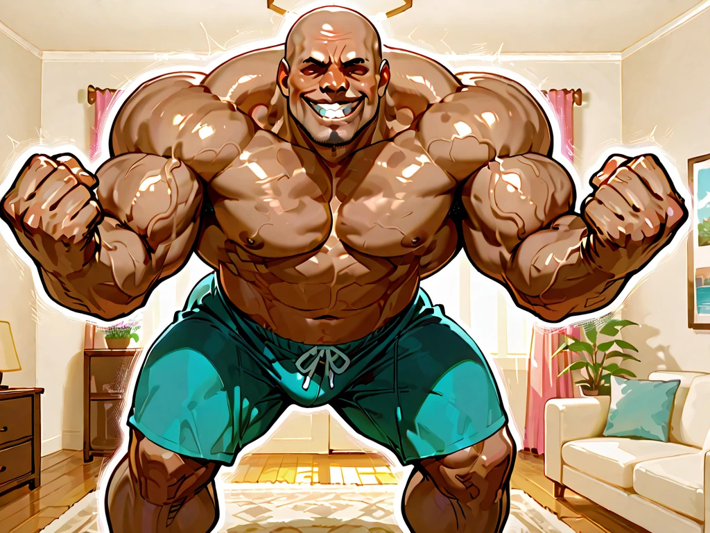 Furry, Anthro, Komodo dragon, Male, Standing, (muscular body), Wearing ((orange)) swim shorts, (((looking at viewer, flexing arms up, smug)), (((teeth grin))), ((((massive muscular arms, top-down view)))), Plain background, Front view, Brown Skin, by buta99, by meesh, realistic