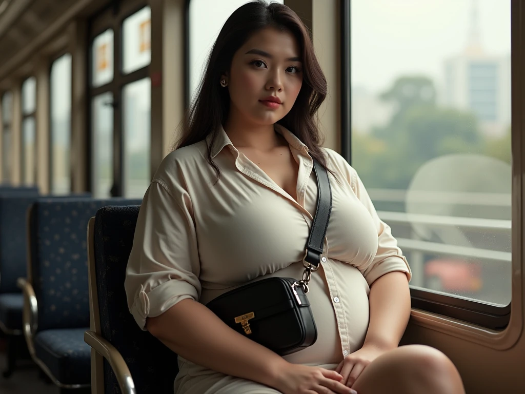((8K)), highest quality, 超High resolution, (Surreal)、(High resolution), 1 girl, ((bra)), ((skirt)), Overweight, ((extremely fat)), ((Chubby girl)), ((spread legs)), in the train