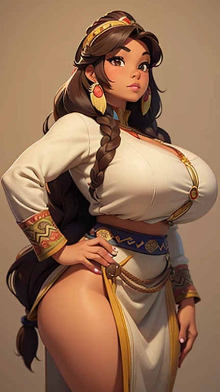 Solo, female Elf, purple skin, Black braids, (((long hair))), light mahogany hair, peach lipstick, eyeliner, eyelashes, thick eyelashes, big breasts, cream linen tunic, (peach cloak), glasses, fantasy village, mature female