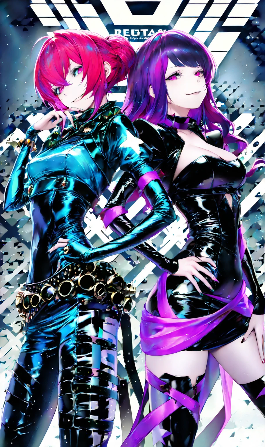 2 girls,Look up at the camera,the breasts are large,Black JK,No shorts,no pant,pantiess,upper legs,blackstockings,Pink hair,Dominant,photorealestic