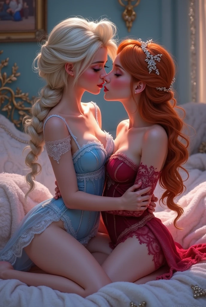 A stunning portrait of Elsa and her sister Anna touching each others breasts, kissing, French kissing, tongues touching, they are kissing, young and beautiful, hyper realistic, real portrait, backlit, exquisite features, cleavage, Elsa is showing her vagina to Anna and asking her to lick her vagina, she is inserting his fingers in her vagina under her skirt, she is fingering her, Elsa is pregnant, Anna is taller than Elsa, Anna is touching Elsa’s pregnant stomach 