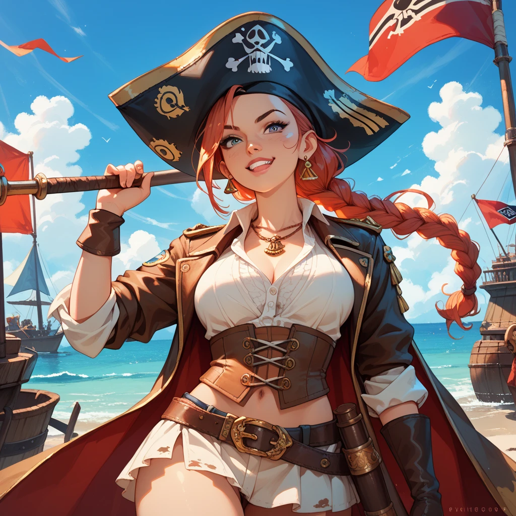 ((3d)), kndahart is a sexy pirate, cleavage, sails, jolly roger, pirate ship, best quality, <lora:XenoDetailer:.8>
