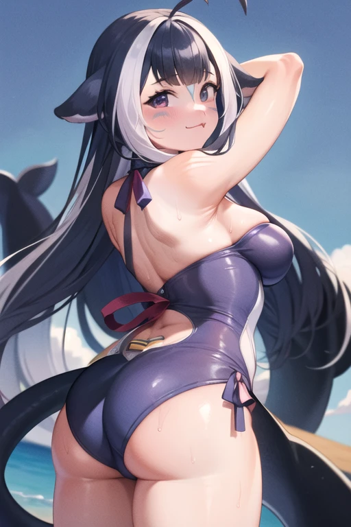 (masterpiece), (ultra-detailed), best quality, 8k, 1girl, solo, outdoors, beach, ocean, shylilythird, :3, large breasts, cleavage,one-piece swimsuit, swimsuit, covered navel, cetacean tail, bell, thighs,arms above head, bare arms, facial mark, standing, cowboy shot, masterpiece, best quality, absurdres, colorful, outdoors, day, 1girl, solo, lilfil, white hair, short hair, animal ears, purple eyes, HH-cup, black overalls, black suspenders, black skirt, white sweater, long sleeves, smile, big breasts, (beautiful large breasts:1.4)