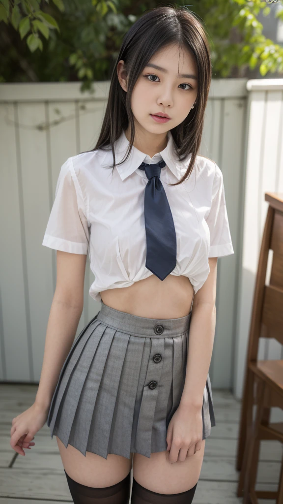 (Sillamäe:1.5), A slender, ​masterpiece, top-quality, Raw foto, Photorealsitic, faces, Incredibly absurd, beautiful a girl, cute little,Short messy hair, depth of fields, hight resolution, ultra-detailliert, finely detail, ighly detailed, extremely detailed eye and face, Sharp pupils, Realistic pupils, foco nítido, Cinematic lighting,Schoolgirl Uniform、White panties are visible from the skirt、no-bra、Loose and large shirt、Shoulders are visible、Nipple bumps、20 years girl、Sheer white shirt、Navy blue ribbon at the collar、Dark blue pleated micro mini、slightly lift the hem of the skirt with both hands,、Squatting and peeing