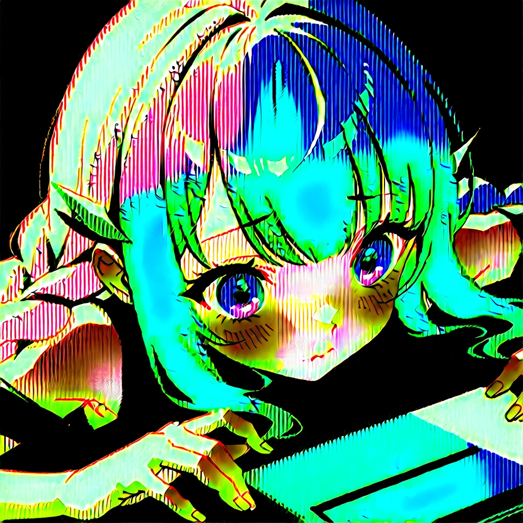 1 girl, distortion，Vague，pixel art，HD video clips，videotape，90s atmosphere，With green tones，age girl，Girly elements，Garbled，anime aesthetics
