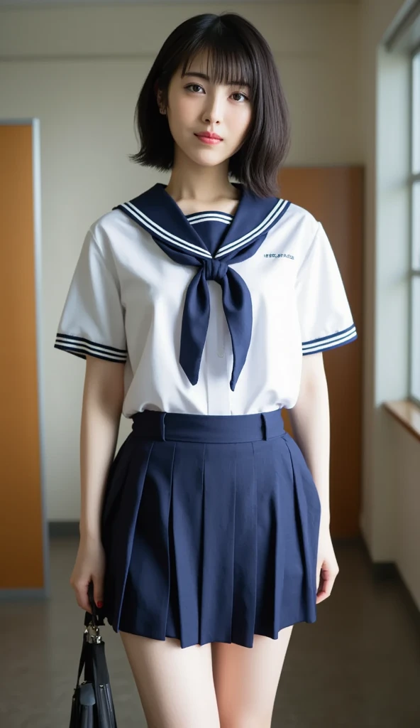 sailor uniform, One Woman, (Beautiful woman, delicate :1.3), Black Hair, bob cur hair, bangs, 8k, Highest quality, masterpiece, Very detailed, Ultra-high resolution, Realistic, RAW Photos, Absolute Resolution, Black Hair, sky blue sailor uniform, (sky blue pleated skirt:1.4), (Realistic junior high school student:1.4), (White headband:1.4), Small breasts, expensive, Bright Blue Eyes, (In front of the school gate), smile, (standing pose:1.4), (one school bag on shoulder:1.4), (long skirt:1.4), slender female body, Blur the background, (looking at the camera:1.4), glossy hair,