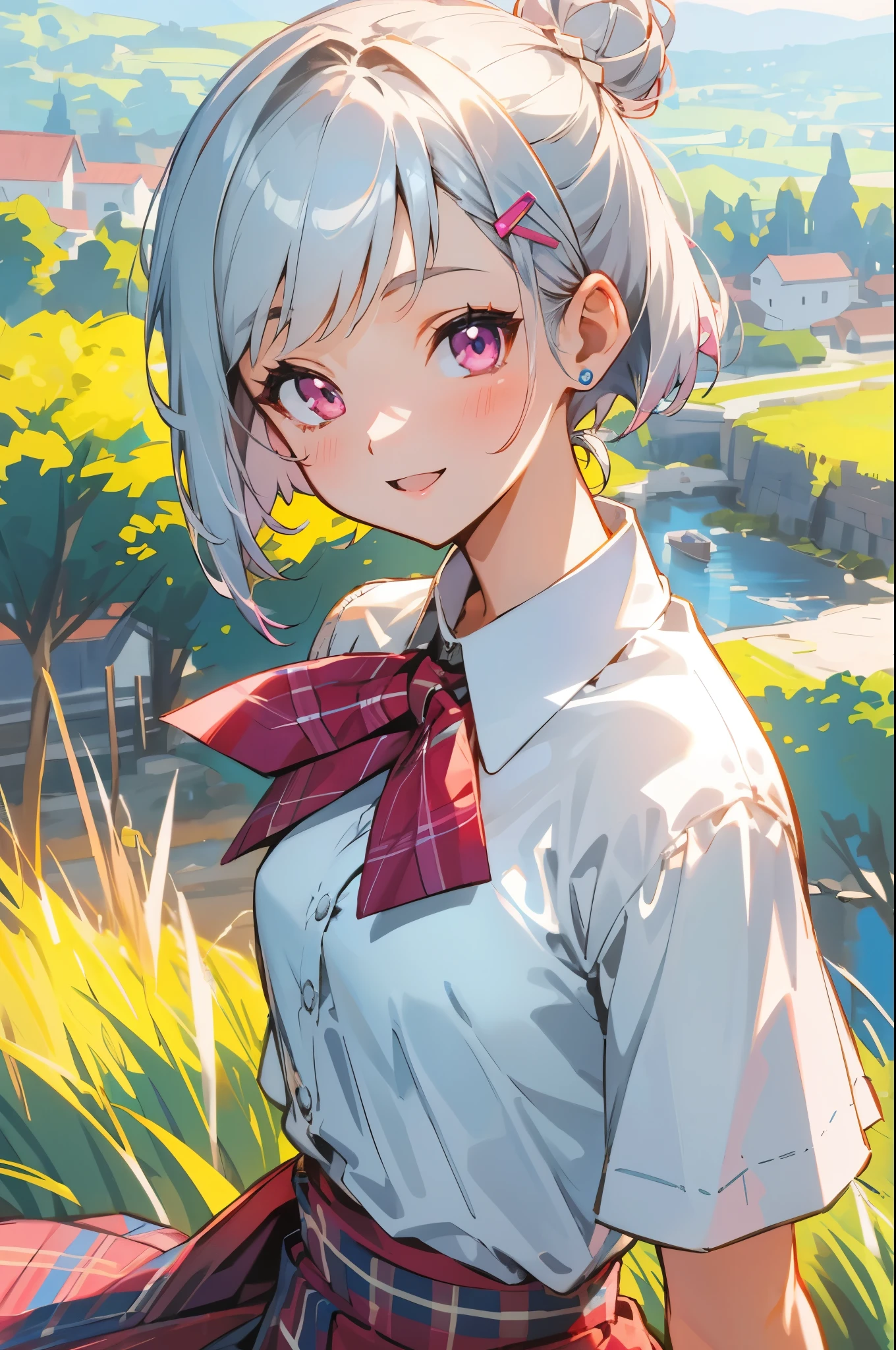 masterpiece、Top quality、Silver Bob's Short Hair、Bun Hair with Hair Clips、pink eyes、Small Breasts、white blouse shirt、Plaid Skirt、upper body、from above、staring at the viewer、Smiling、 I'm opening my mouth wide、Country Style Village