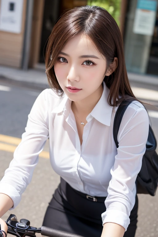 (Raw photo), (Photo realistic), (masterpiece), (Highest quality), High resolution, 8K resolution, (Exquisite detail), (Volumetric Light),  a woman, Age 35, short hair, Straight Hair, Brown haired, very skinny, Very white and translucent skin,Highly detailed eyes, Source Order, Very fine eyebrows, eyelash,Highly detailed skin, Highly detailed mouth, Highly detailed nose, The best beauty,Cute like an idol, Smile,  (An elegant and transparent white blouse), Random Body Orientation,medium breasts,Beautiful Japanese office lady, White blouse，Super mini pleated skirt, Lace Pantyhose, Random Color, Cute face, Real Light, Correct ???????, Riding a bicycle 1.4、city bicycle,  on the saddle、both hands grips handle, Pedaling, Angle 1 from below.4、(((Low angle 1.4))), In the city, There is a strong headwind, Skirt flips up, pantie is visible, beautiful long legs, from below