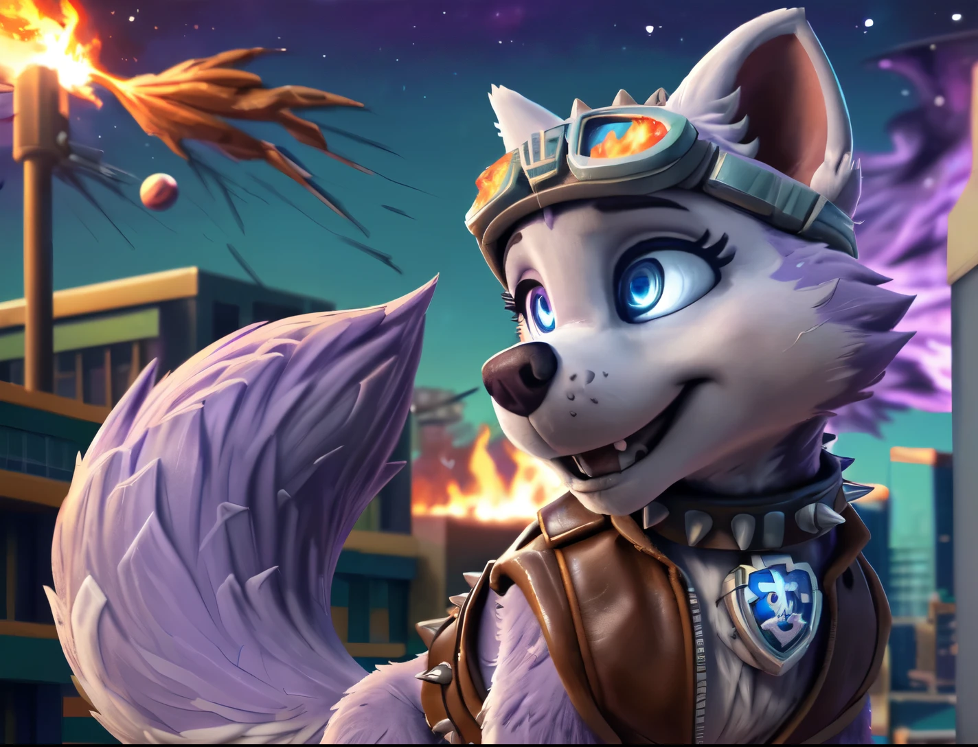 Everest, ((Paw Patrol)), ((female solo)), domestic dog, female, adult female, (blue eyes:1.65), (lavender fur:1.65), ((lavender body)), (feral:1.85), (quadruped: 1.85), ((sharp teeths)), ((large fangs)), (Shiny eyes:1.6), (glowing eyes:1.45), ((Pixar eyes)), perfect eyes, ((glowing eyes)), (hyper realistic:1.65), long fluffy tail, very large tail, tail up, very furry and fluffy, ((very large fangs)), perfect ligthing, (Cyberpunk city background:1.25), (fire at background:1.65), ((many hearts all over the screen)), (front side view:1.25), ((seductive break)), ((spread legs)), spread legs, (rajii:1.1) (dimwitdog:1.1), (thesecretcave:1.25), (cooliehigh:1.1), (miles-df:1.1), (complextree:1.1), (pixelsketcher:1.1), (foxovh:1.1), (zaush:1.1), (avante92:0.70), (meesh:1.1), (inu-sama:0.80), (cervina7:1.1), (F-R95:0.70), (R-mk:1.1), (xpray:1.1), (standing tall:1.65), (large fluffy tail:1.65), (close up to face:1.30), (in love expression:1.65), (nebula:1.45), (starry:1.45), (planet at sky:1.45), (wearing brown leather open vest:1.85), (wearing long goggles over head:1.45), (wearing spike collar:1.65), spiked belt, (wearing brown bracelet:1.65), (wearing spiked bracelet:1.65), (bracelet on left paw:1.45), (brave posing:1.65)