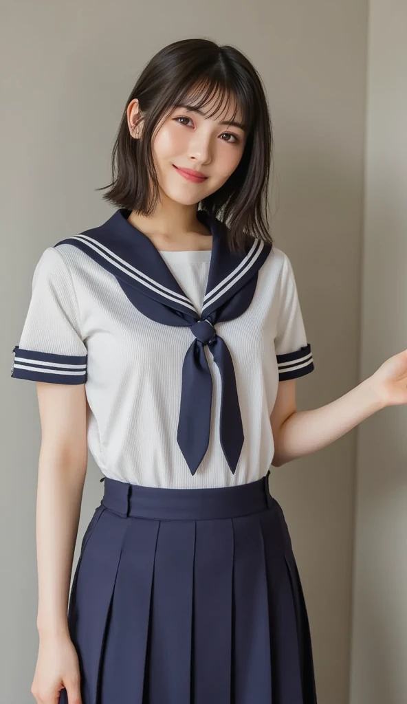 masterpiece, Highest quality, 8k, , Japanese, thin, RAW Photos, absurdes, Award-winning portraits, (Details new face, smile), alone, school uniform, Sailor suit, Short sleeve, idol's face, Ultra mini skirt, Short shoes, Thin legs, shoes, (Go down the stairs, whole body shot from the bottom of the stairs, whole body shot from a Low Angle, Details new face), refreshing smile, thin girl, Black Hair, Iris, whole body, Digital single-lens reflex camera, Looking at the audience, Frank, Sophisticated, like々new, Perfect whole body balance, (Low Angle), Professional Lighting, (Eye and facial details: 1.0), (bokeh: 1.1)