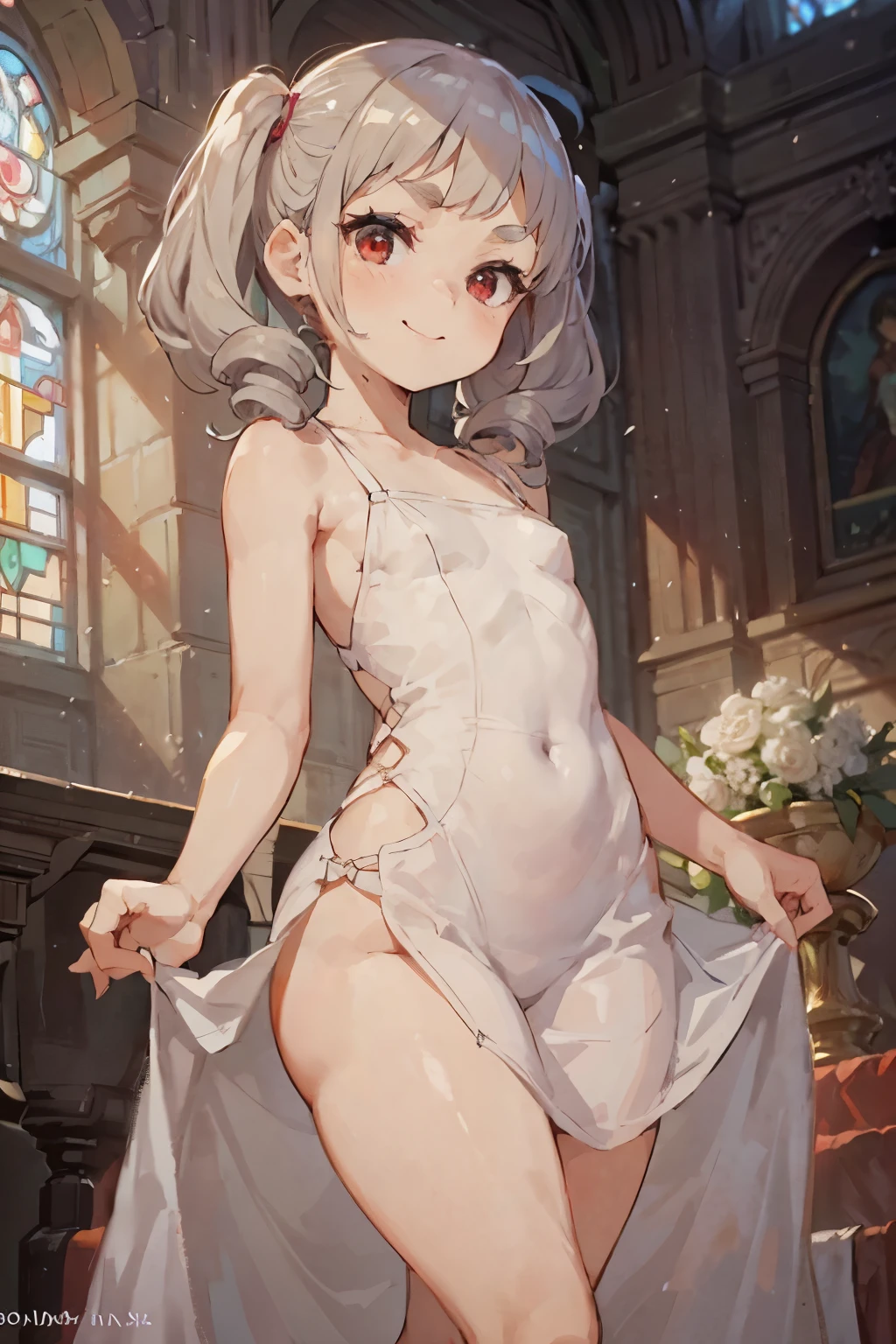 Young girl with gray hair, ((hair with bangs and curls)), ((two short curly pigtails)), curly hair, ((red eyes)), wide hips, ((small bushy eyebrows)), , wearing a wedding dress, ,(with a face looking with a love face and a flirtatious smile),,, ,on the altar of a church,