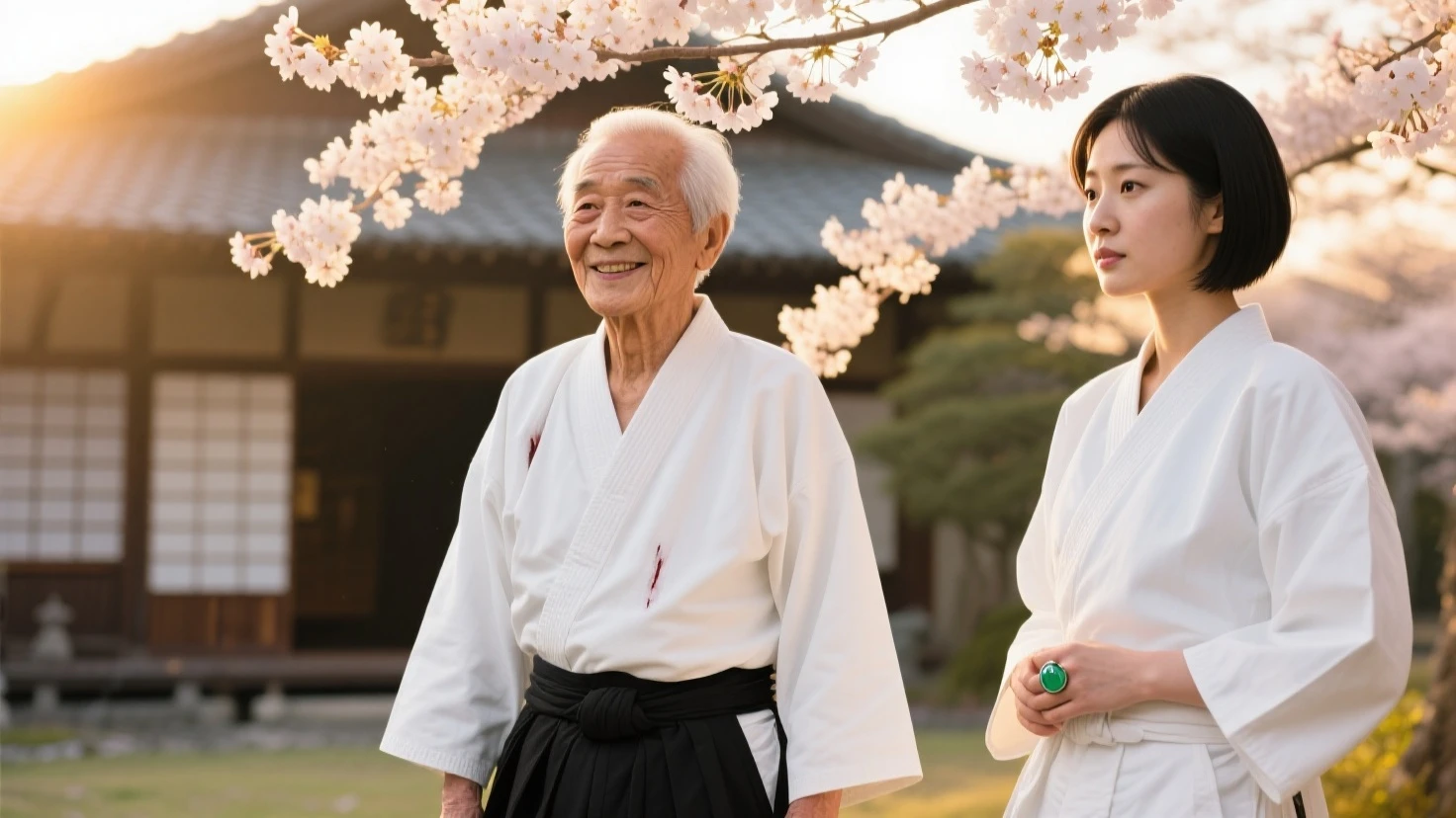 A portrait photo of a Japanese boy, serious,intricate details, hyperdetailed, looking at his grandfather, who is in front of him. Grandfather, smiling intricate details, hyperdetailed, complex background, old scenery, old clothes