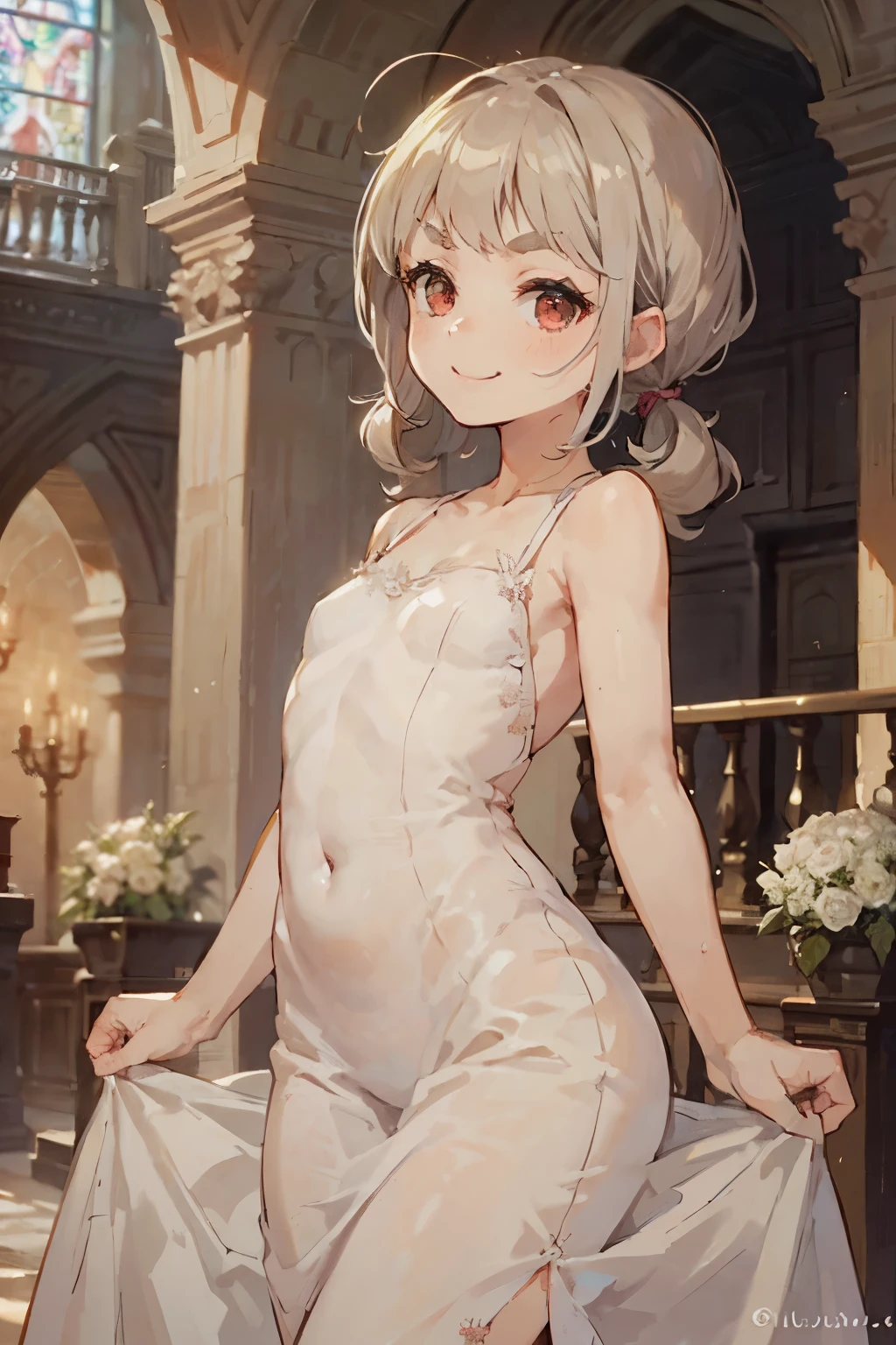 Young girl with gray hair, ((hair with bangs and curls)), ((two short curly pigtails)), curly hair, ((red eyes)), wide hips, ((small bushy eyebrows)),  , wearing a wedding dress, ,(with a face looking with a love face and a flirtatious smile),,, ,on the altar of a church, 
