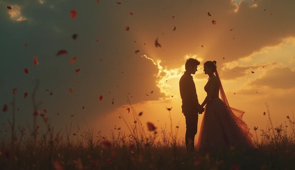 A man and a woman are dancing on a meadow of red flowers, sun sunset, Irish Man, Campoflorescente, Dandelion floating in the wind. Characters face looks realistic