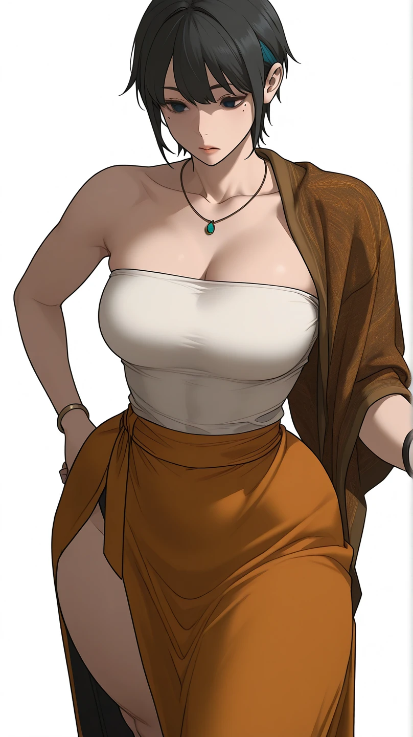 masterpiece,best quality,extreme detail,8k,(white background),<lora:excella:0.7>,excella2,1girl,solo,breasts,brown hair,white background,dress,jewelry,medium breasts,earrings,belt,necklace,hair bun,bracelet,lips,no bra,phone,single hair bun,cellphone,realistic,talking on phone,large breasts,huge breasts,