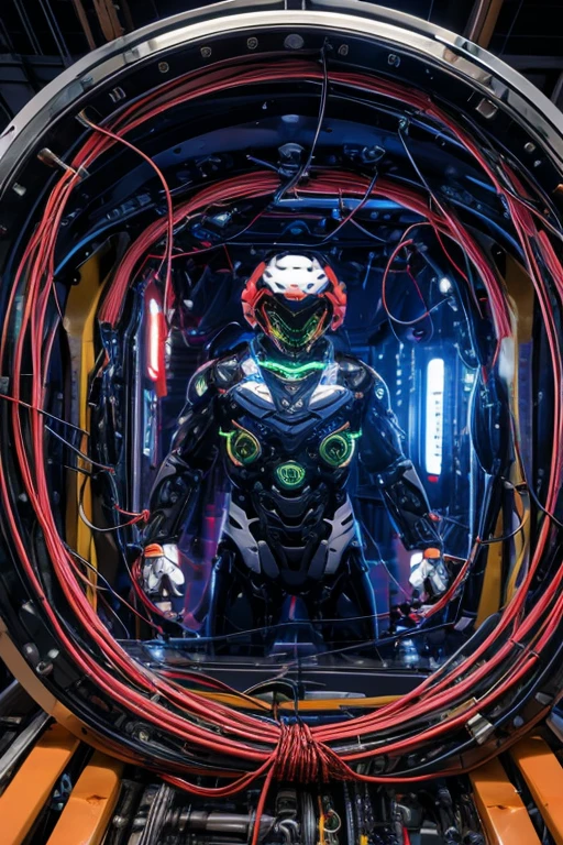 (nsfw5) (((1boy))), (((anime boy))), 20 years old, muscular body, black hair, black latex suit, black latex, skintight no zipper neck entry black latex suit, fullbody black latex suit, shoulder plastic armour, ((wearing virtual reality headset1.5)), visible eyes, ((thick cables plugged on headset)), cat ears, cyborg, latex, cyberpunk, cyberpunk hospital, (thick cables plugged on crotch1.5), red lightning, mind reprogramming, ((corruption bodysuit)), blank stare, crotch bulge, restrained, (heads-up display), wearing black lipstick, (((cables plugged into cat ears3))), (((transformation into robot3))), (((assembly line arms5))), charging port on anus, (((charging cable plugged on anus3))), visible charging, (battery percent level), charging station, robotic spine, cables plugged into spine, aquamarine suit lightning, open ring gag in mouth, (((super thick cable plugged on gag5))), progress bar on virtual reality headset