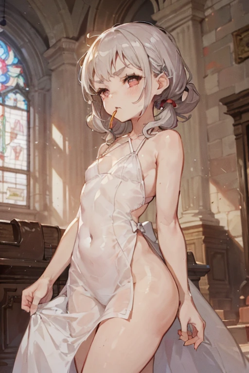 robe blanche、white backgrounid:1.5、((8K,tmasterpiece,realisticlying),(Hyper-detailing,ultraclear,naturey),((long wavy white hair):1.3,beatiful detailed eyes,Perfect proportions,eyes with brightness,choker necklace,ear jewelry,Her pink, moist lips completely brighten her face.),1 girl with big,In the wards,Sweat-soaked clothes or body,shinny hair,The halo,Vacuum Open Back Sweater,Elegant and beautiful hairpins,white wavy curare legs and high heels,There is a naked female patient in the distance.,Rational movement,Very soft and buttocks,Slender beautiful legs,Stretch meat,Fair and moisturized skin。