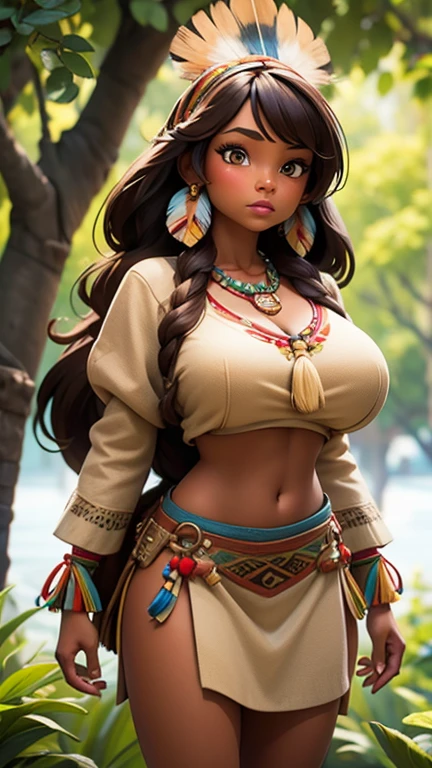 concept illustration of a dressed female native gatherer character, ((whole body )), indonesia native ethnicity, long hairs, necklace, detailed illustration, semi realistic style, unreal engine, soft ligthing and shadows, pulp fiction illustration style, artwork by Max Birdfall