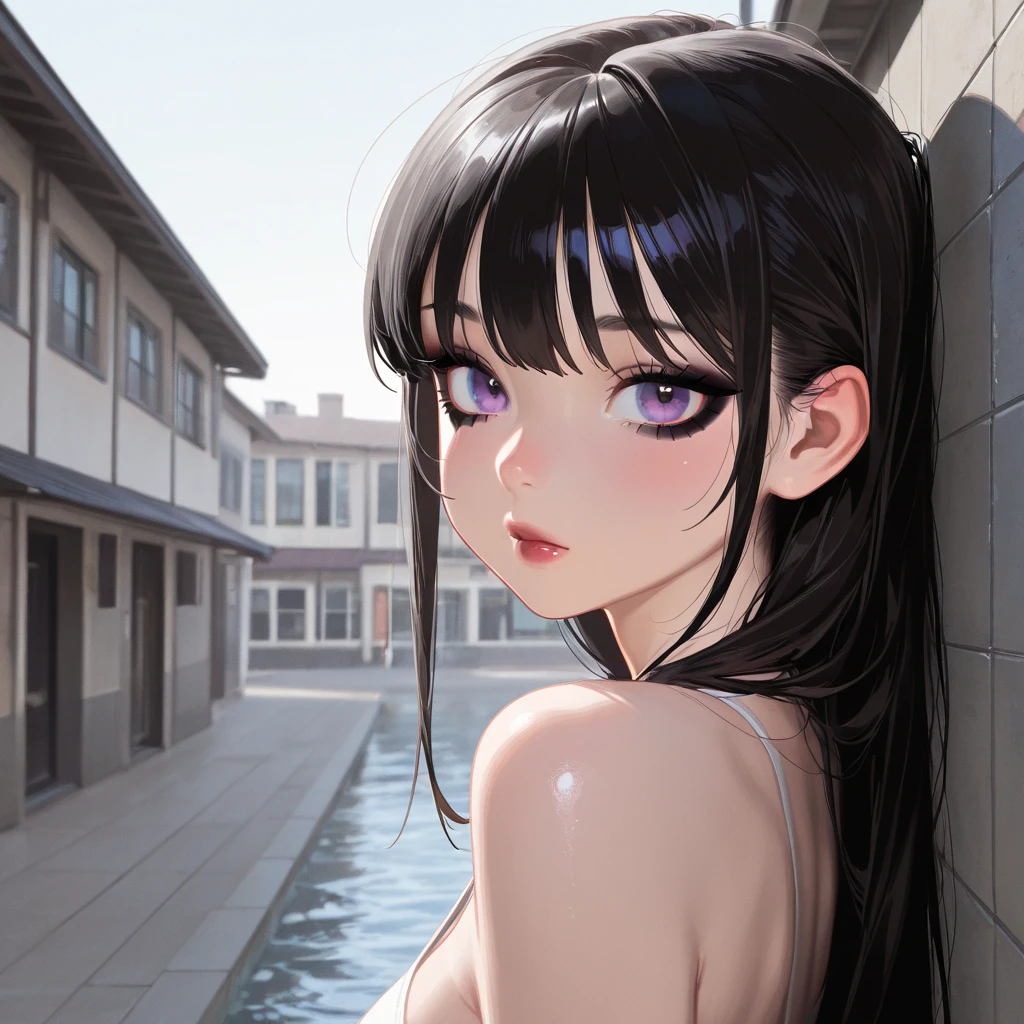 masterpiece, High resolution, perfect face, beauty of japan, 30 years old, beautiful face, hot spring, embarrassed look, (top quality eyes), (detailed texture), look at me, Married woman, cool women, (high resolution eyes), black hair, nude