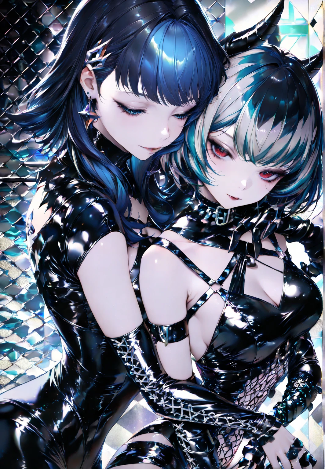 anime characters are sitting on a bed with their bodies painted, The finer details. anime. Tentacles, Zero-chan art, Zero-chan, Singey, Happy!!!, Ahegao, at Pixiv, by Shimo, Pixiv, Detailed fan art, by Kamaguruka, anime art, anime”, Burning, Pixiv 3dcgA 17-year-old Japanese girl with vibrant hair colors, long hair, daring hair styling, slender figure, plump cheeks. She embodies the punk rock aesthetic, dressed like a punk rocker with bold attire, large sunglasses, a defiant expression. She stands at 170 centimeters tall, weighs 30 kilograms, wears long boots, with her thighs visible under a red pleated skirt. Adorned with numerous silver accessories. Depict with distinct outlines, using colors other than black for the outlines, using colorful hues for the outlines. She's into girls' rock, punk, Electric guitar, vibrant colors, stages, and backed by a band. An underground clubhouse with colorful lighting amidst the darkness. Colorful candies resembling mountains of treats are plentiful, strewn all around. A tall, well-built man with blonde hair is present, adorned with tattoos, a nose piercing, and a split tongue.