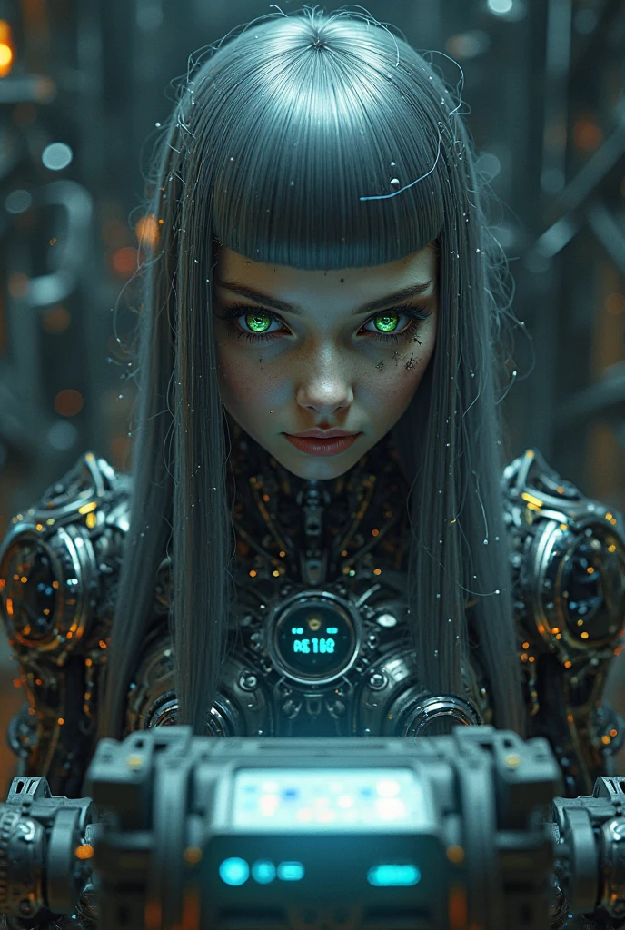 broken cyborg woman, gloweyes, tears from eyes, mechanical body and head, wires on the head, higly detailed, Realistic full-length photography, black & Green, 4k