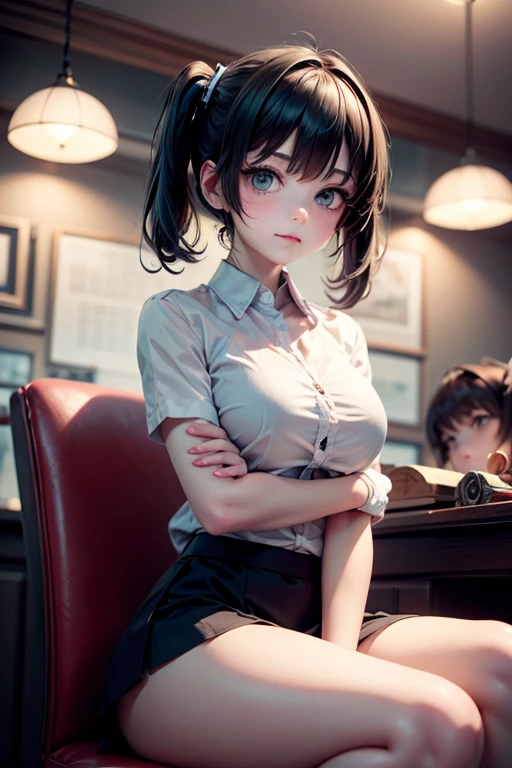 (RAW photo, best quality), (realistic, photo-realistic:1.4), masterpiece, extremely delicate and beautiful,Amazing, finely detail, extremely detailed CG unity 8k wallpaper, huge filesize, ultra-detailed, highres, absurdres, soft light,rim light, vibrant details, ((perfect hand:1.2)), Take a selfie with phone in one hand and cover face, 1girl, slim legs, thin legs, long legs, spread legs, [standing|on chair|sitting|butterfly sitting], [stockings|pantyhose|thighhighs|kneehighs], school uniform, (((unbotton blouse, small breasts, bare breasts, narrow nipples))), iphone, selfie, pose,small hand, p_m_s,