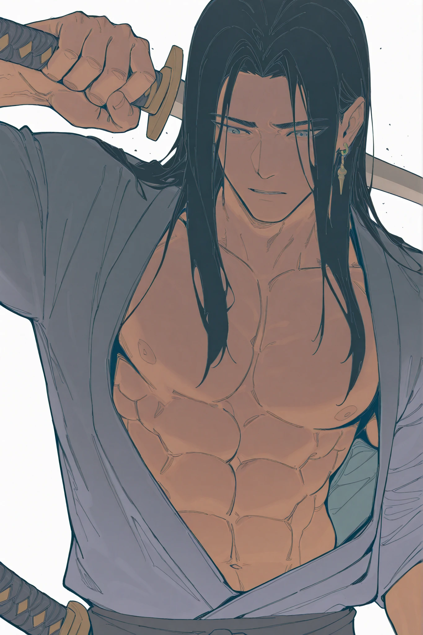 Asian man z wears a white kimono tied at the waist.., He is showing his naked torso.., black fur, black eyes, broad, thin man, White background, the trees are frozen. broad, Focus on his face, is biting a condom. hot image, Has long hair